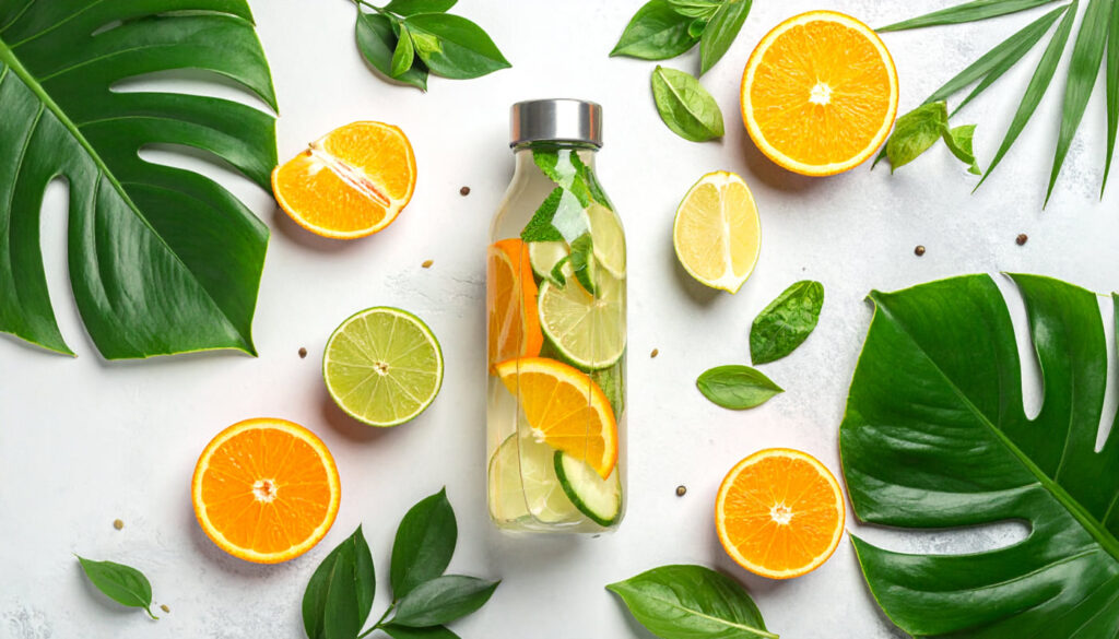 Flat lay con una bottiglia di acqua detox, frutta a fette e foglie verdi, su sfondo chiaro