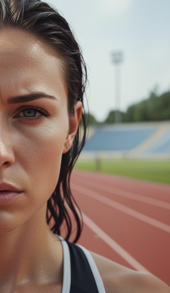 Mezzo volto di un atleta donna stanco e frustrato (espressione di fatica e insoddisfazione).