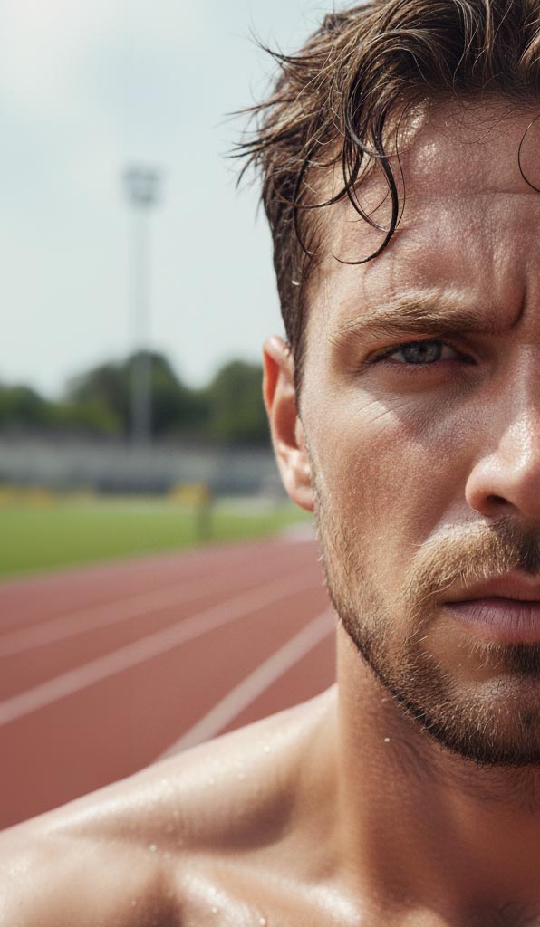 Mezzo volto di un atleta uomo stanco e frustrato (espressione di fatica e insoddisfazione).