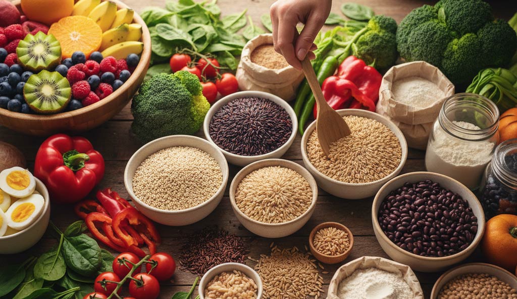 Una tavola vista dall’alto con alimenti senza glutine: ciotole di quinoa, amaranto, riso integrale e nero, farine alternative, verdure fresche, frutta colorata e proteine naturali come uova e legumi. Una mano che impugna un cucchiaio di legno, atmosfera calda e luminosa, stile realistico e accogliente