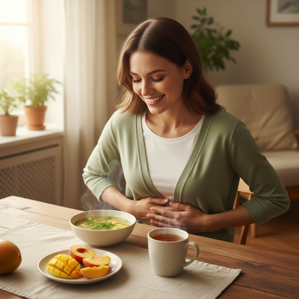 Una giovane donna sorridente seduta a tavola, gesto di sollievo alla pancia, davanti a un pasto leggero con tisana e frutta morbida, luce calda e naturale, atmosfera rassicurante e pulita, stile realistico.