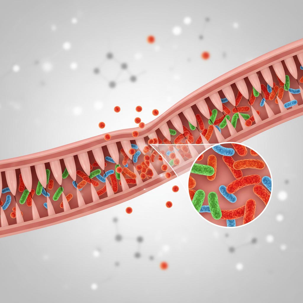 Visualizzazione Scientifica del Microbiota Sezione trasversale stilizzata dell'intestino con villi intestinali visibili Batteri colorati (rossi per quelli dannosi, verdi/blu per quelli benefici) con i rossi che prevalgono numericamente Piccole particelle infiammatorie (punti arancioni/rossi) che attraversano la parete intestinale