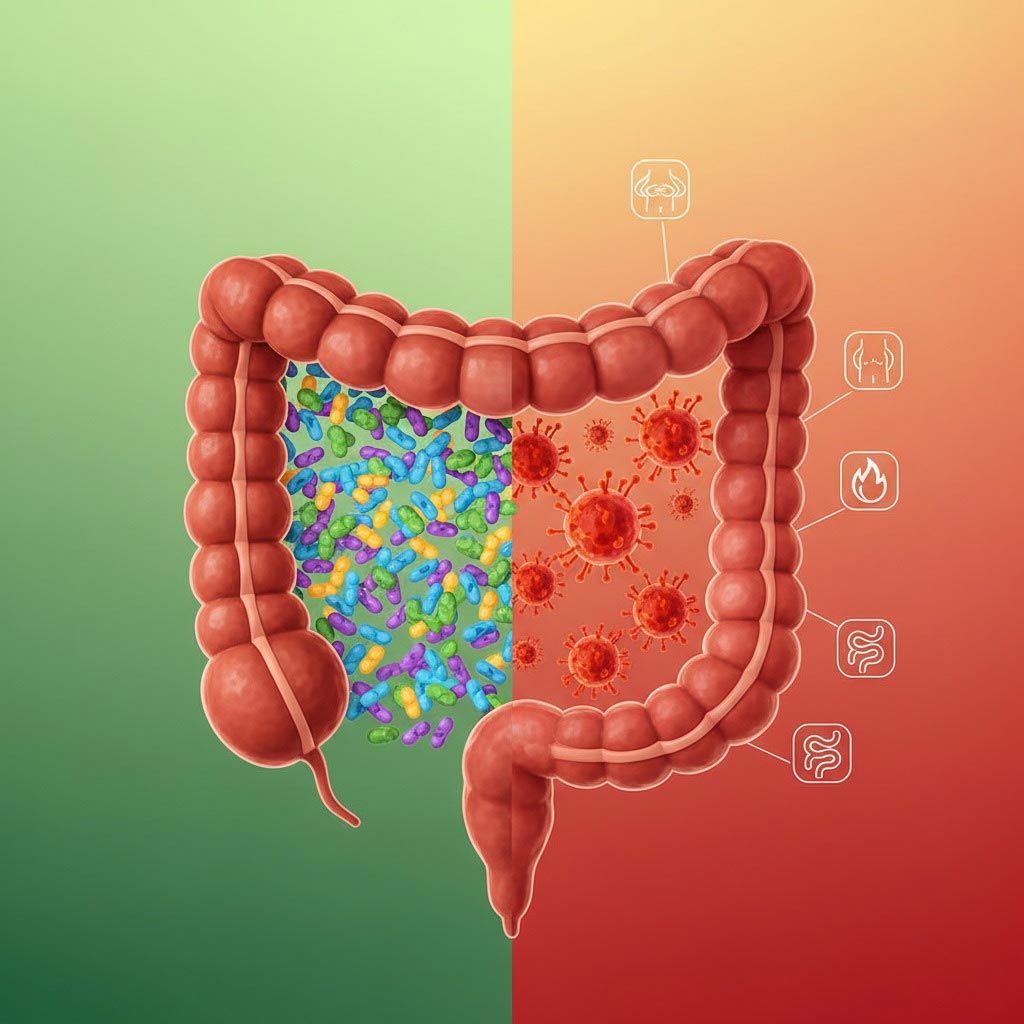 Before/After Concettuale Divisione verticale: Metà sinistra mostra intestino "sano" con batteri diversificati e colorati uniformemente distribuiti Metà destra: Intestino "alterato" con predominanza di batteri rossi/arancioni, parete intestinale più sottile e infiammata. Piccole icone di sintomi (gonfiore, infiammazione) sulla parte destra