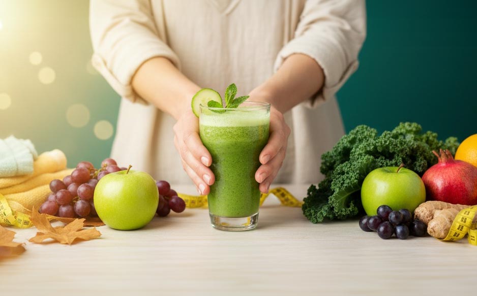 Estate/Autunno Split con Reset: Un'immagine orizzontale che mostra la transizione da sinistra (elementi estivi sfocati/sbiaditi) a destra (alimenti detox freschi e luminosi), con al centro una figura o elemento che simboleggia il "reset" - come mani che tengono un bicchiere di acqua detox o un frullato verde. Sfondo che passa da toni caldi estivi a verdi autunnali freschi.