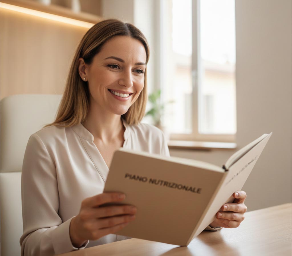 Primo piano di una persona sorridente che tiene una cartella con un piano nutrizionale, studio moderno e luminoso, atmosfera professionale e accogliente, orizzontale.