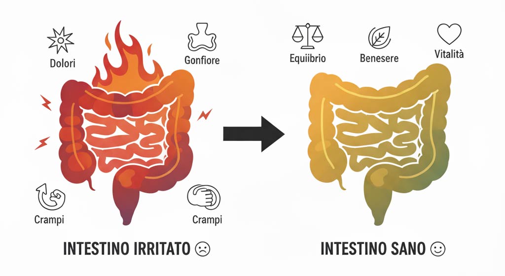 Illustrazione minimalista di due intestini: uno infiammato con simboli di dolore e gonfiore, l'altro sano e in equilibrio, colori contrastanti rosso vs verde, design moderno e pulito, formato orizzontale