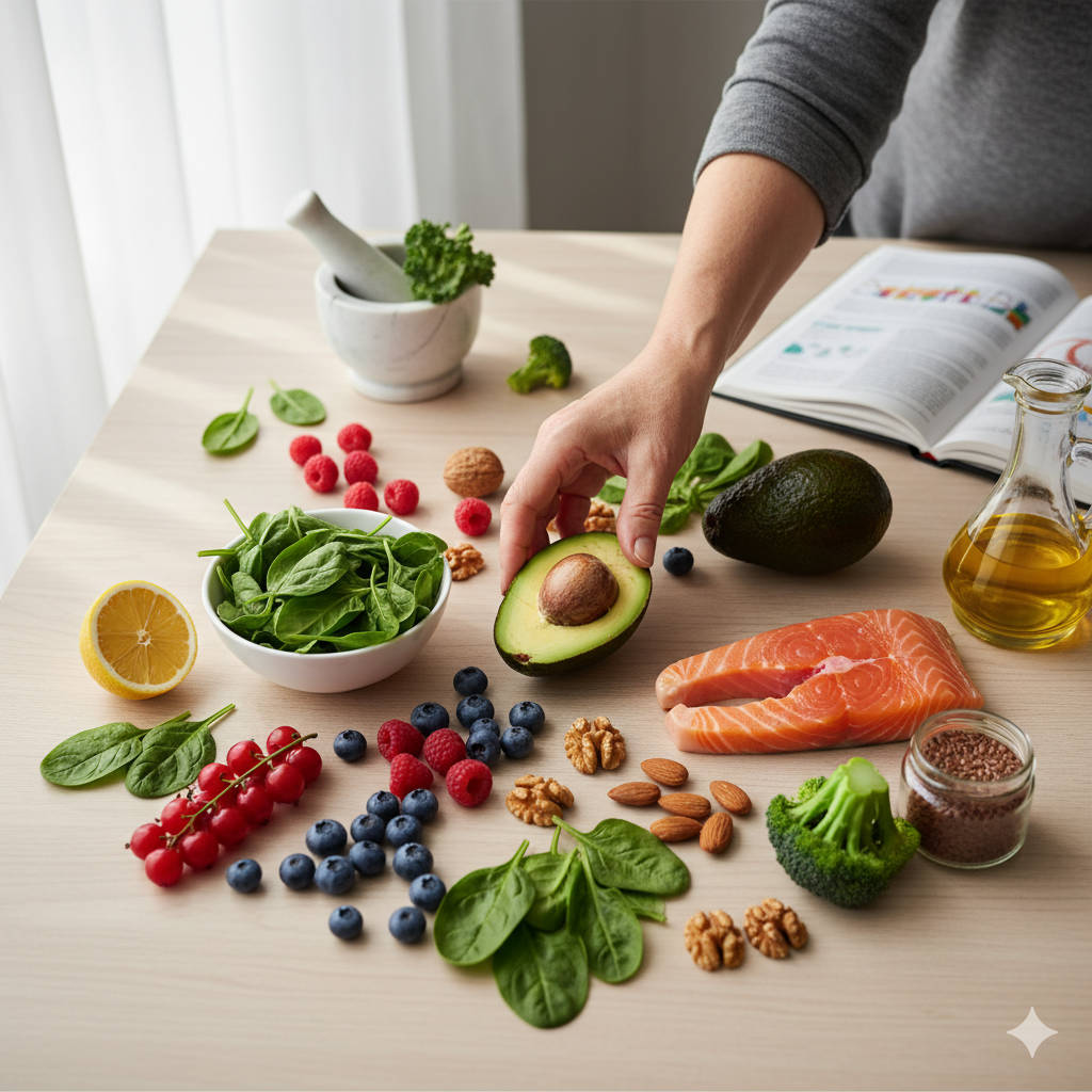 immagine che rappresenta la tematica approfondita degli "Alimenti amici degli ormoni", L’alimentazione come alleata degli ormoni sempre nel contesto della tematica Menopausa e Alimentazione. una serie di alimenti sopra un tavolo da cucina