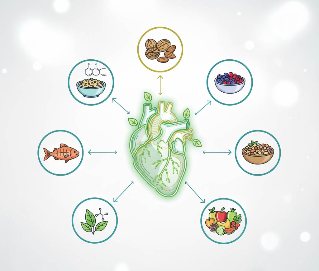 infografica che rappresenta il concetto di "Alimenti Terapeutici" come vera medicina del cibo per contrastare il colesterolo, senza l'uso di testi. L'immagine mette in evidenza i "Super Cibi" anti-colesterolo attraverso icone e una disposizione che suggerisce il loro ruolo benefico.