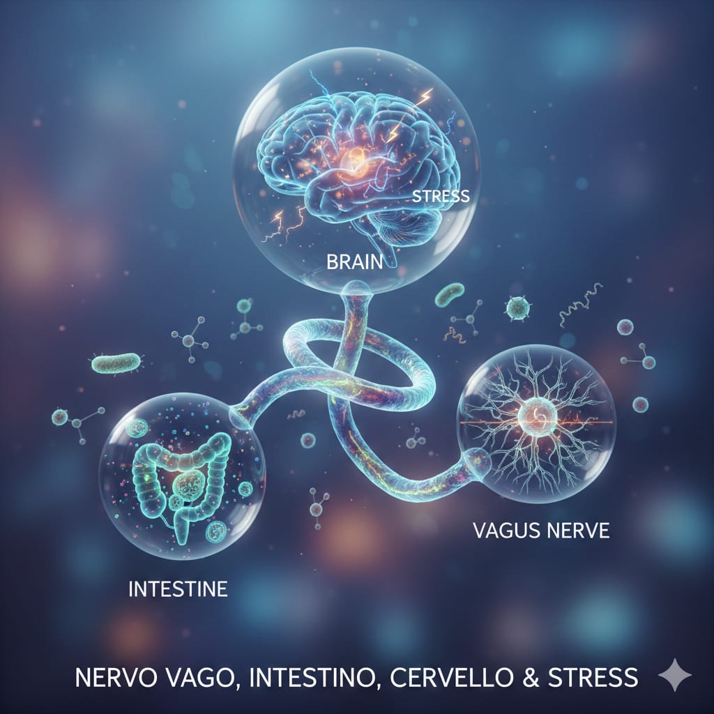 Illustrazione del nervo vago che collega il cervello e l'intestino, evidenziando la connessione tra sistema nervoso e apparato digerente in relazione allo stress."