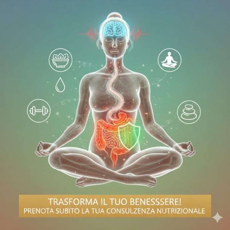 Infografica olistica per nutrizionista che mostra la connessione tra cervello, nervo vago, intestino e psoas. Una figura in meditazione circondata da icone di alimentazione sana, esercizio fisico e relax, con una chiamata all'azione per consulenza nutrizionale.