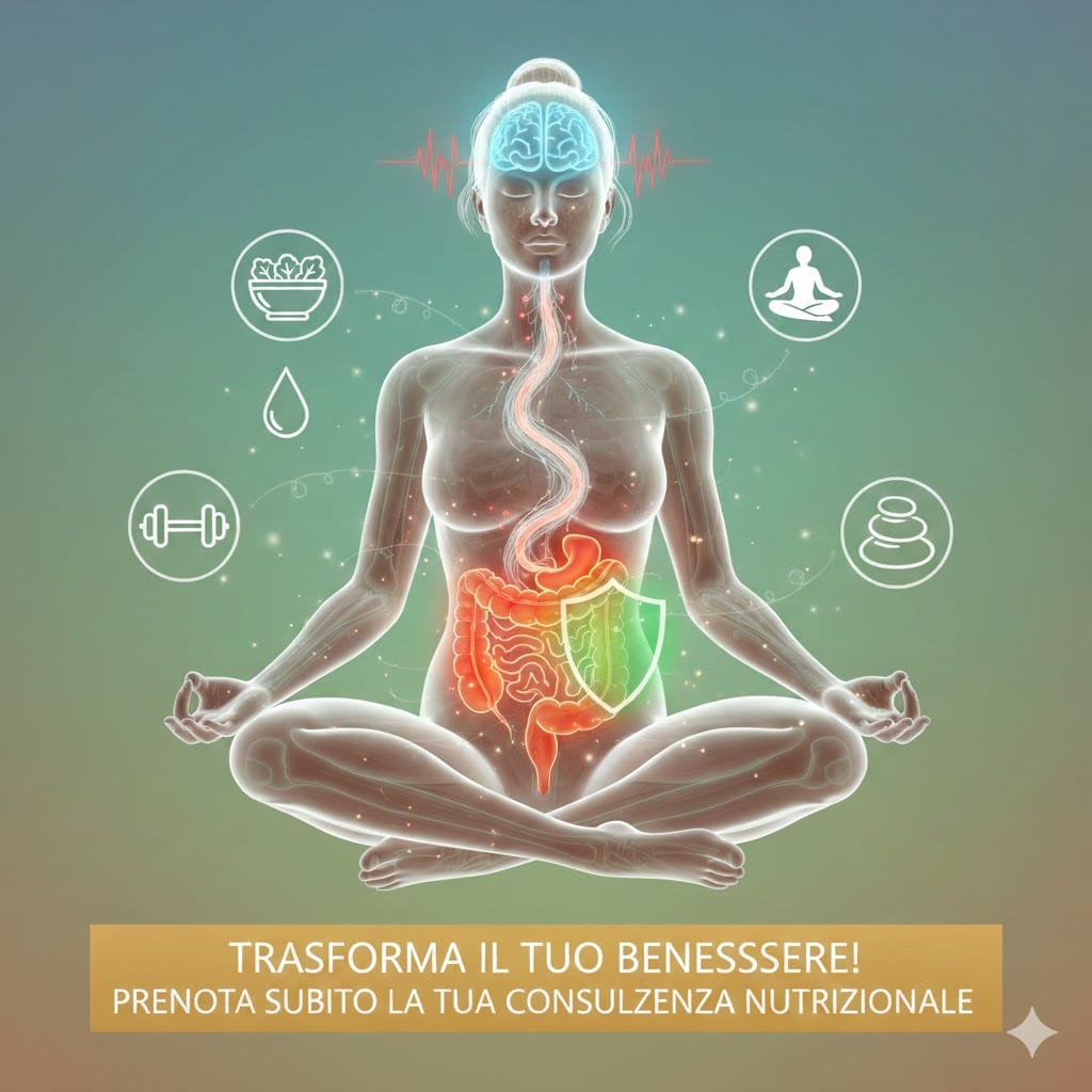 Infografica olistica per nutrizionista che mostra la connessione tra cervello, nervo vago, intestino e psoas. Una figura in meditazione circondata da icone di alimentazione sana, esercizio fisico e relax, con una chiamata all'azione per consulenza nutrizionale.