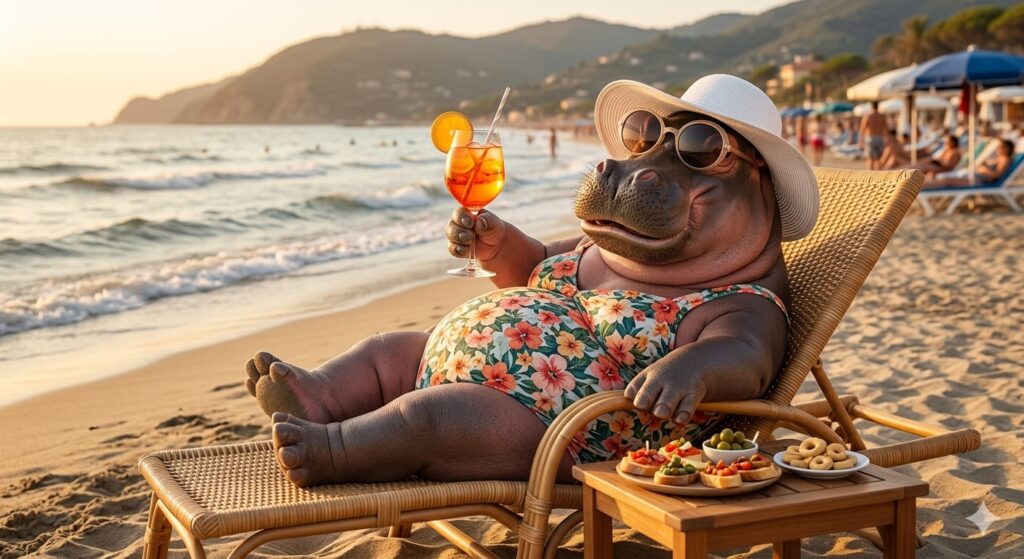 llustrazione ironica di un simpatico ippopotamo in costume da bagno a fiori, seduto su una sedia a sdraio in spiaggia mentre si gode un aperitivo con un cocktail arancione e degli stuzzichini al tramonto."