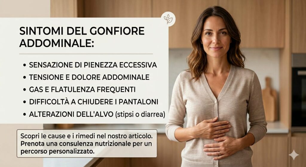 nfografica sui sintomi del gonfiore addominale: elenco puntato con cause e rimedi, affiancato da una nutrizionista sorridente in cucina con le mani sulla pancia.